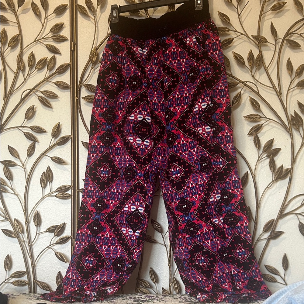 Boho Geometric Wide-Leg Pants in Pink, Blue & Black